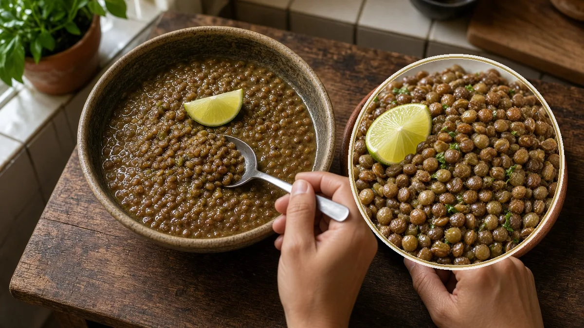 Persona come lentejas con limón. En primer plano, el plato, absorción no un polvo.