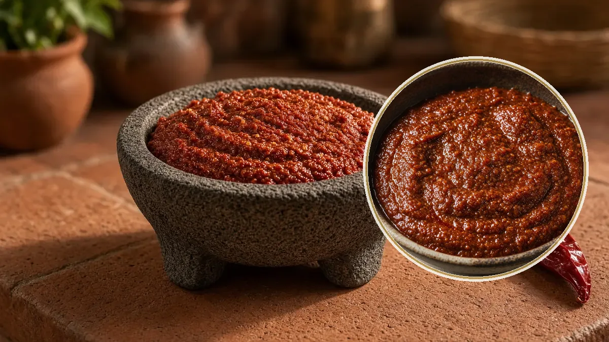 Un molcajete de piedra guarda pasta de adobo rojo ladrillo, con un chile seco al lado, sobre una barra de terracota.