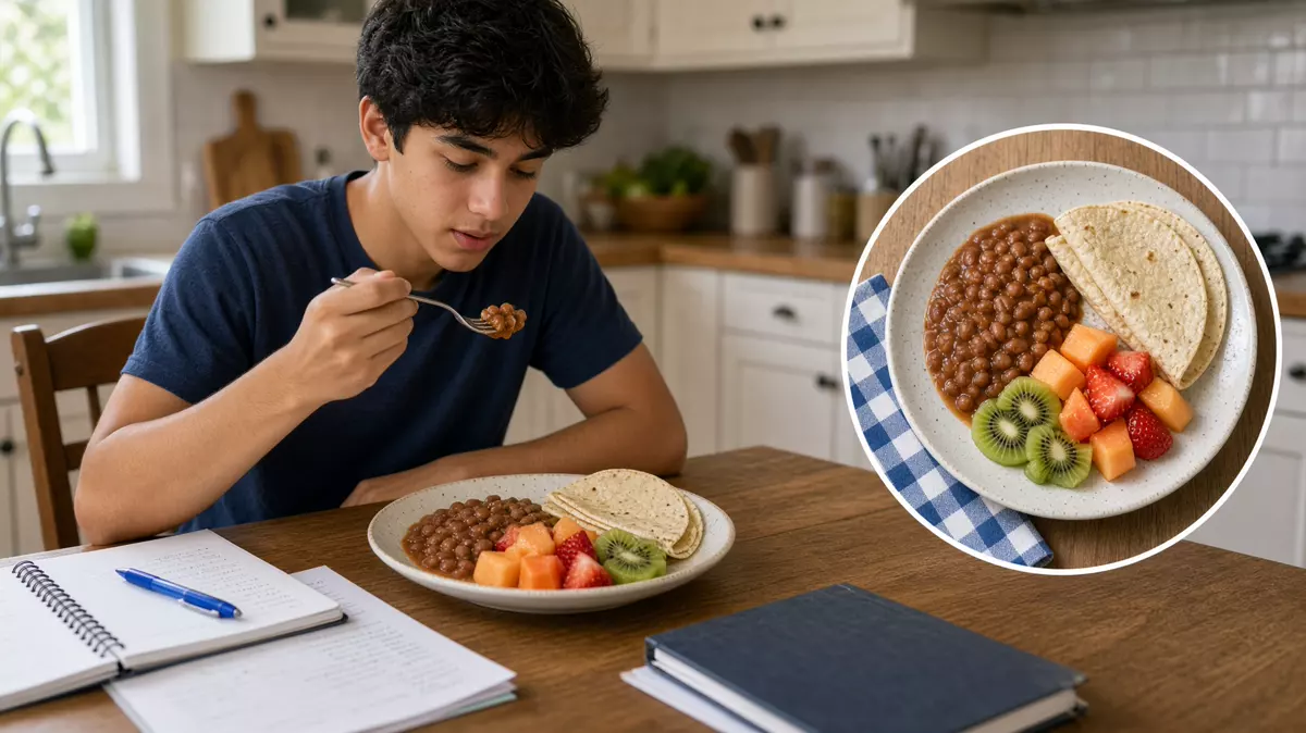Adolescente comiendo frijol, tortilla y fruta. En primer plano, el lonche, nutrición en adolescencia.