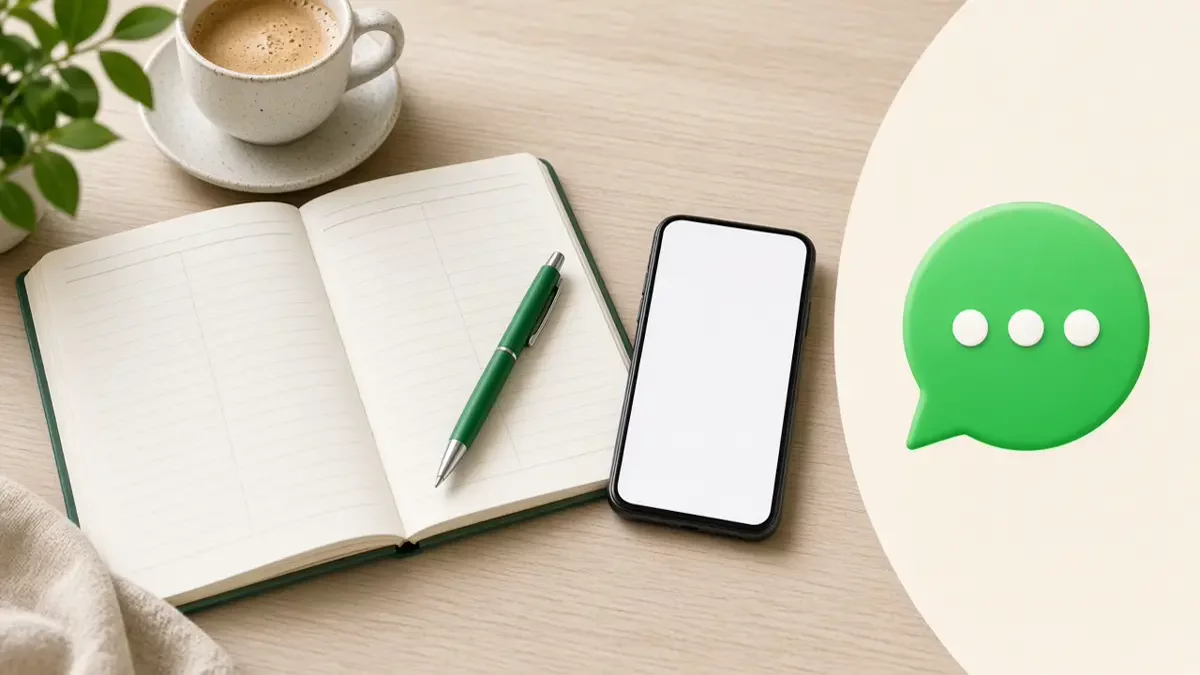 Agenda abierta y celular en escritorio. En primer plano, un mensaje para agendar la cita.