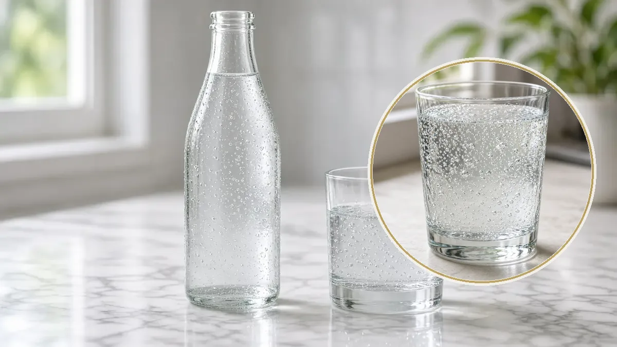 Una botella de vidrio sin etiqueta y un vaso corto muestran agua mineral con burbujas finas y condensación, sobre mármol blanco.
