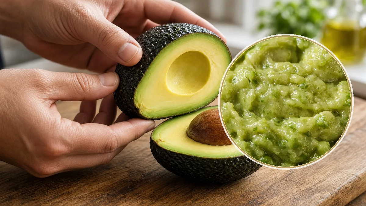 Persona cortando aguacate. En primer plano, la mitad con hueso.