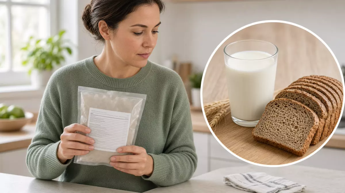 Persona leyendo ingredientes. En primer plano, leche y trigo, alérgenos comunes.