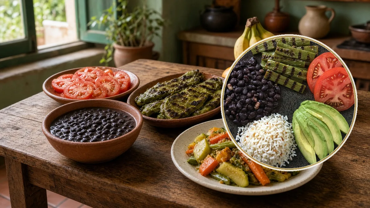 Mesa con verdura, frijol y fruta. En primer plano, el plato variado, alimentación saludable.