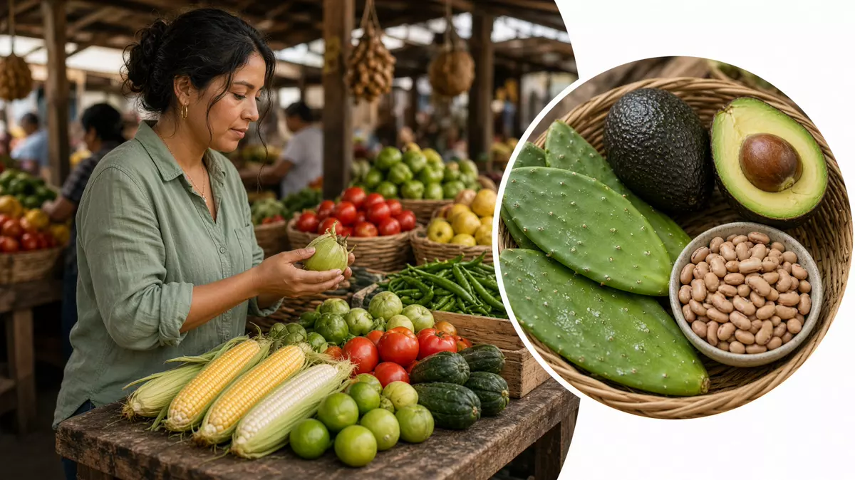 Persona en el mercado eligiendo maíz y verdura. En primer plano, aguacate, nopal y frijol.