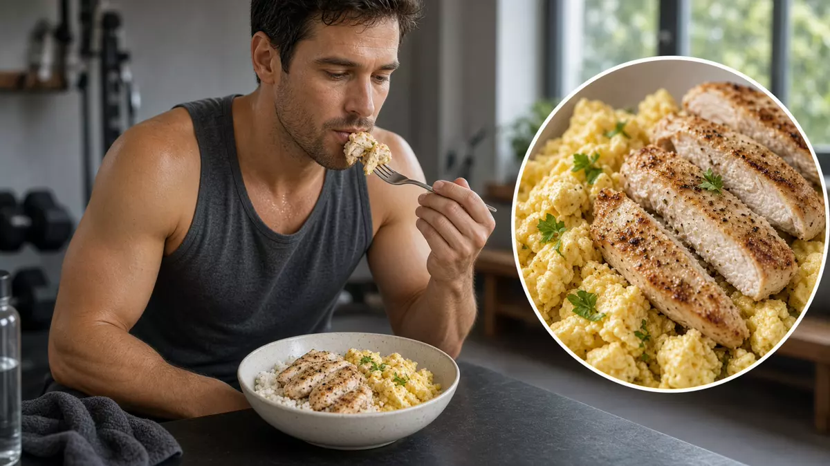 Persona comiendo huevo y pollo después de entrenar. En primer plano, huevo y pollo, no un bote de suplemento.