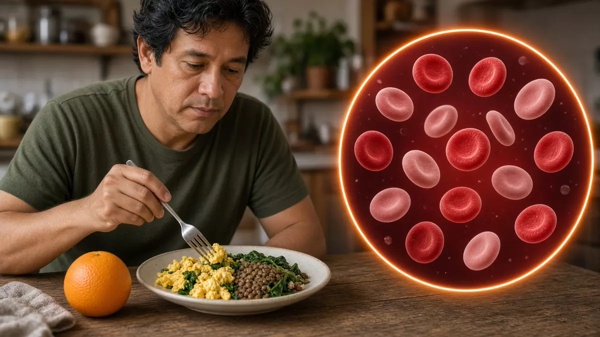 Persona comiendo huevo, lentejas y espinaca. En primer plano, globulos rojos.