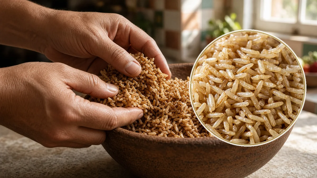Arroz integral cocido en un contexto alimentario cotidiano