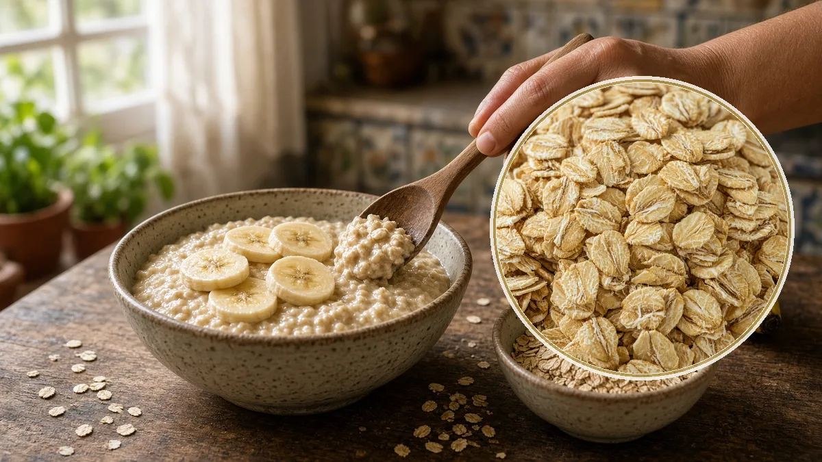 Persona sirve avena cocida con plátano. En primer plano, las hojuelas, no granola azucarada.