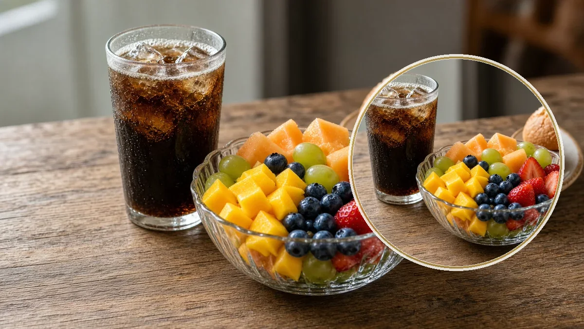 Refresco y concha junto a fruta