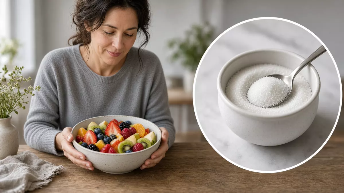 Persona con fruta en la mesa. En primer plano, el azúcar de mesa.
