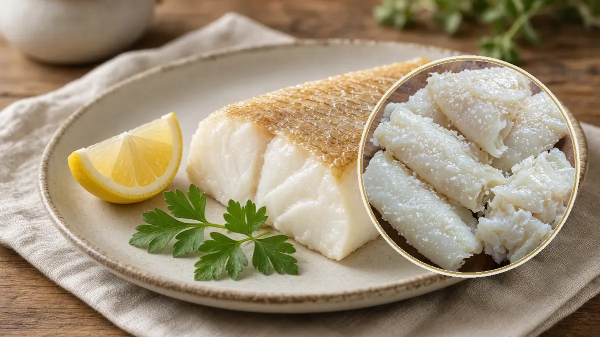 Trozo grueso de bacalao de carne blanca y piel dorada, en un plato de cerámica con limón y perejil.