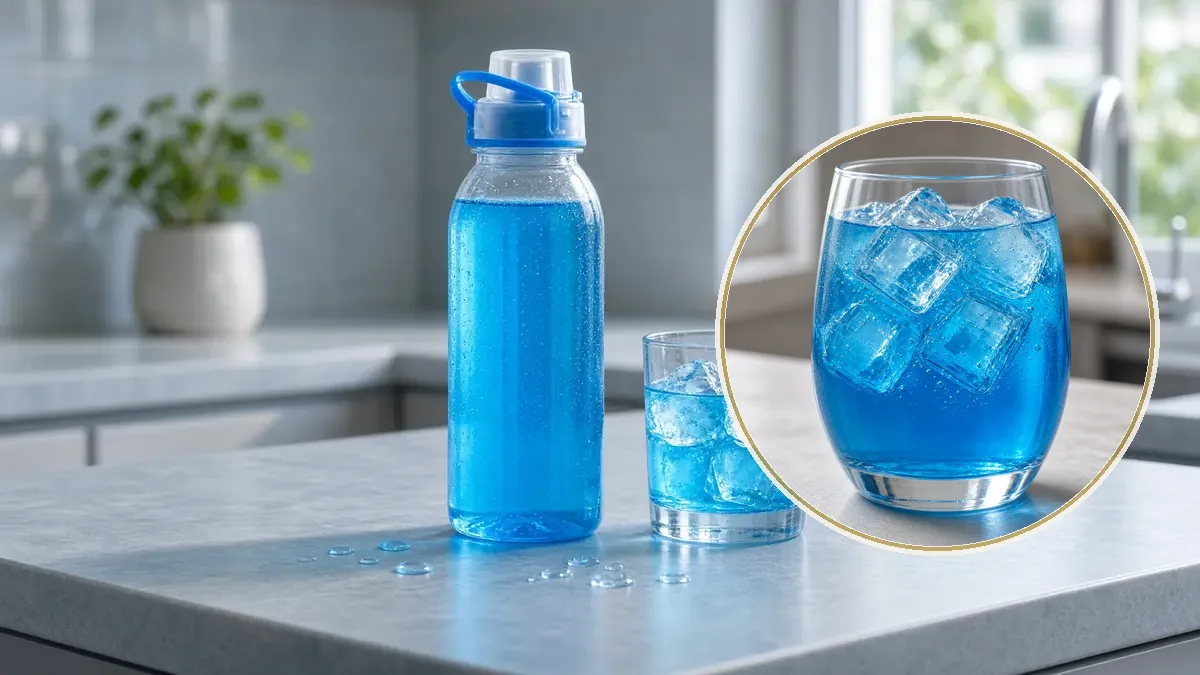 Una botella transparente sin etiqueta guarda bebida deportiva azul intenso, junto a un vaso con hielo sobre una barra gris azulada.