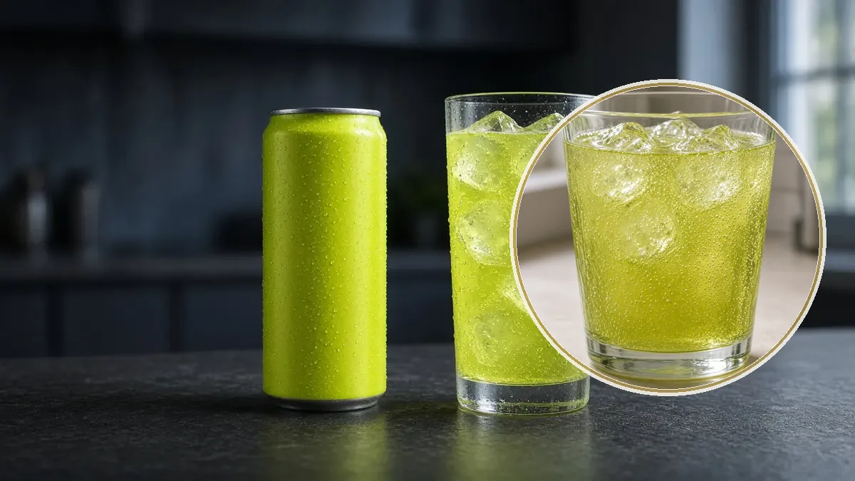 Una lata delgada sin etiqueta y un vaso con hielo muestran bebida energética verde amarilla sobre una barra de carbón.