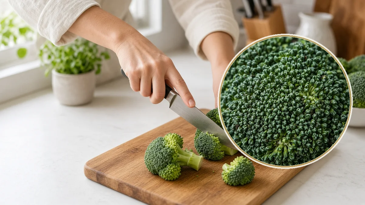 Persona cocinando brócoli. En primer plano, el florete.