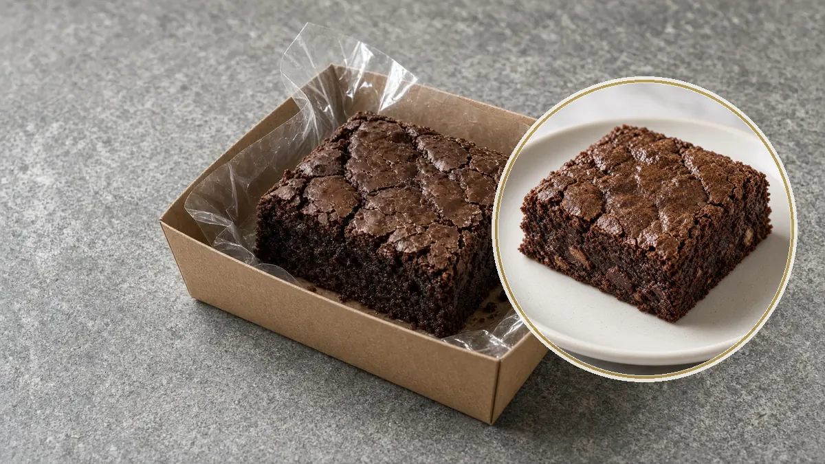 Brownie cuadrado de chocolate envuelto a medias en plástico transparente sobre una charola de kraft.