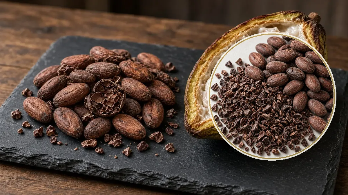 Granos de cacao enteros y partidos junto a una mazorca abierta sobre una tabla de pizarra.