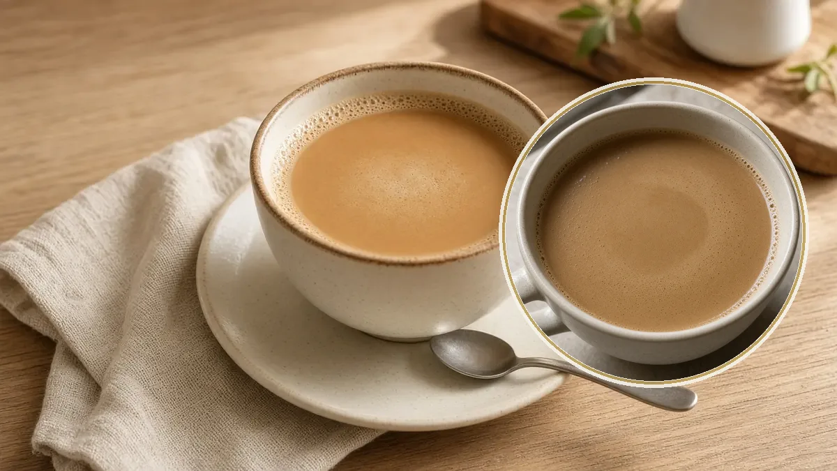 Una taza ancha de cerámica crema sirve café con leche claro sobre un platito con cuchara y una servilleta de lino.