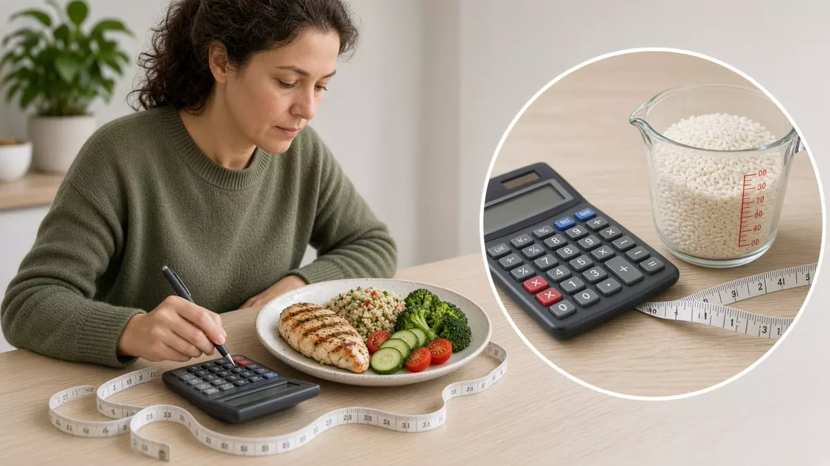 Persona con calculadora, cinta y un plato medido. En primer plano, la calculadora y la taza de arroz.