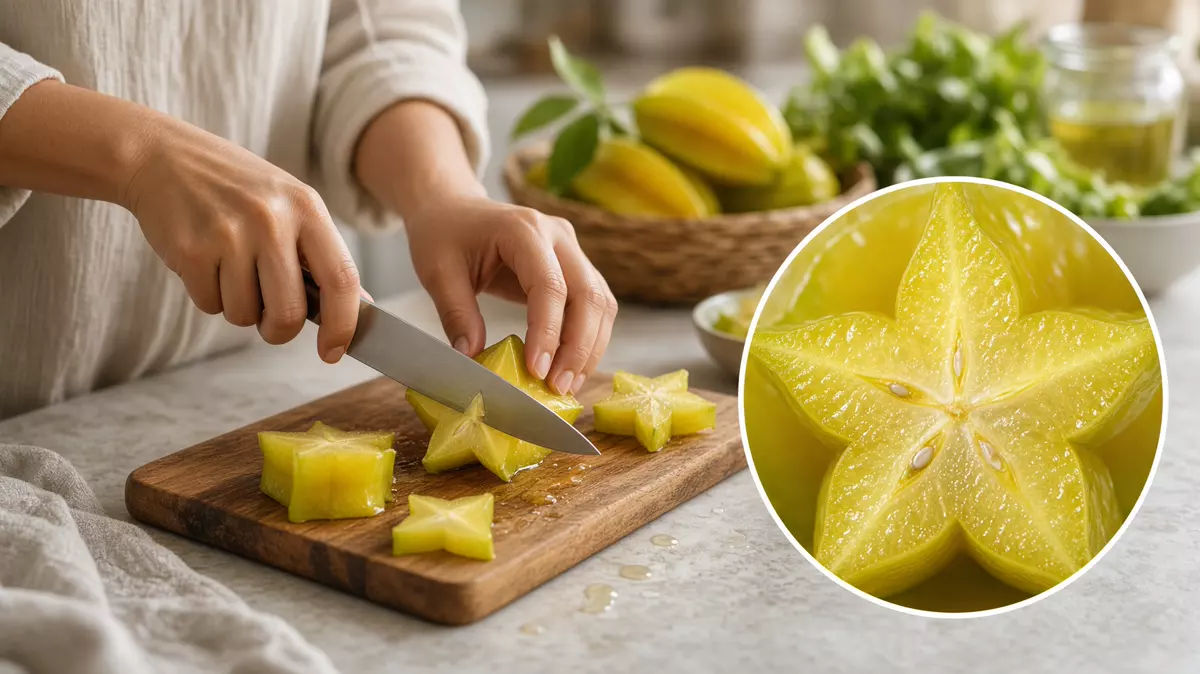 Persona cortando carambola. En primer plano, la estrella.