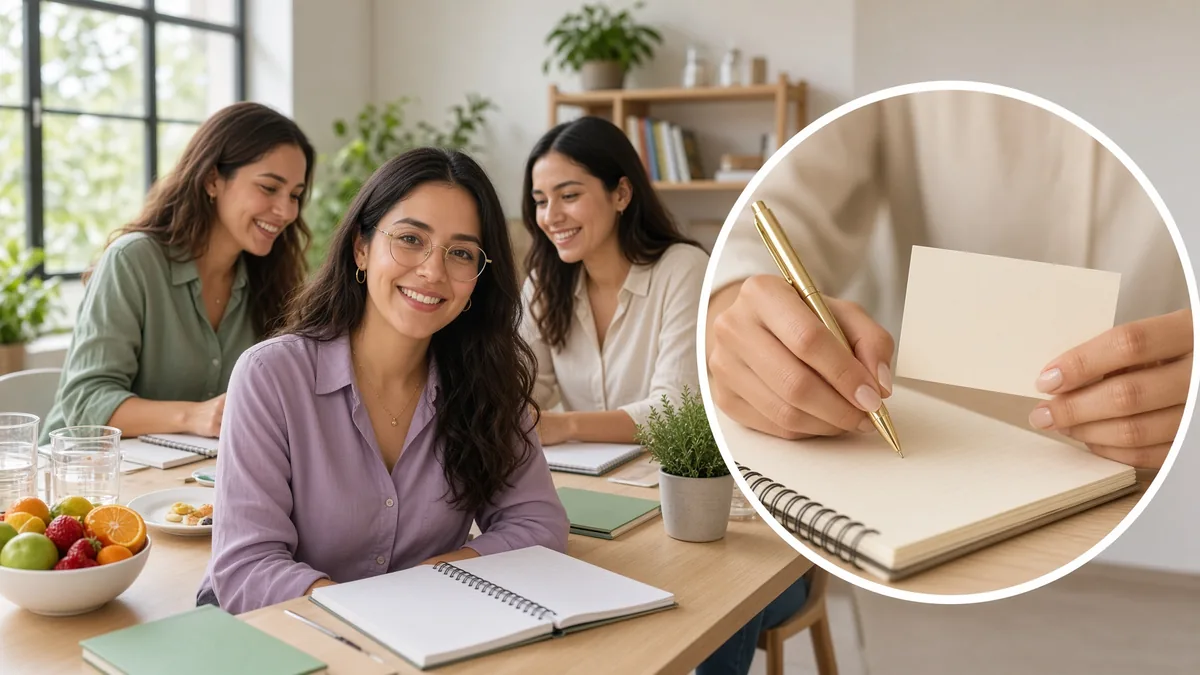 Estudiantes de nutrición en un aula. En primer plano, la libreta y la cédula.