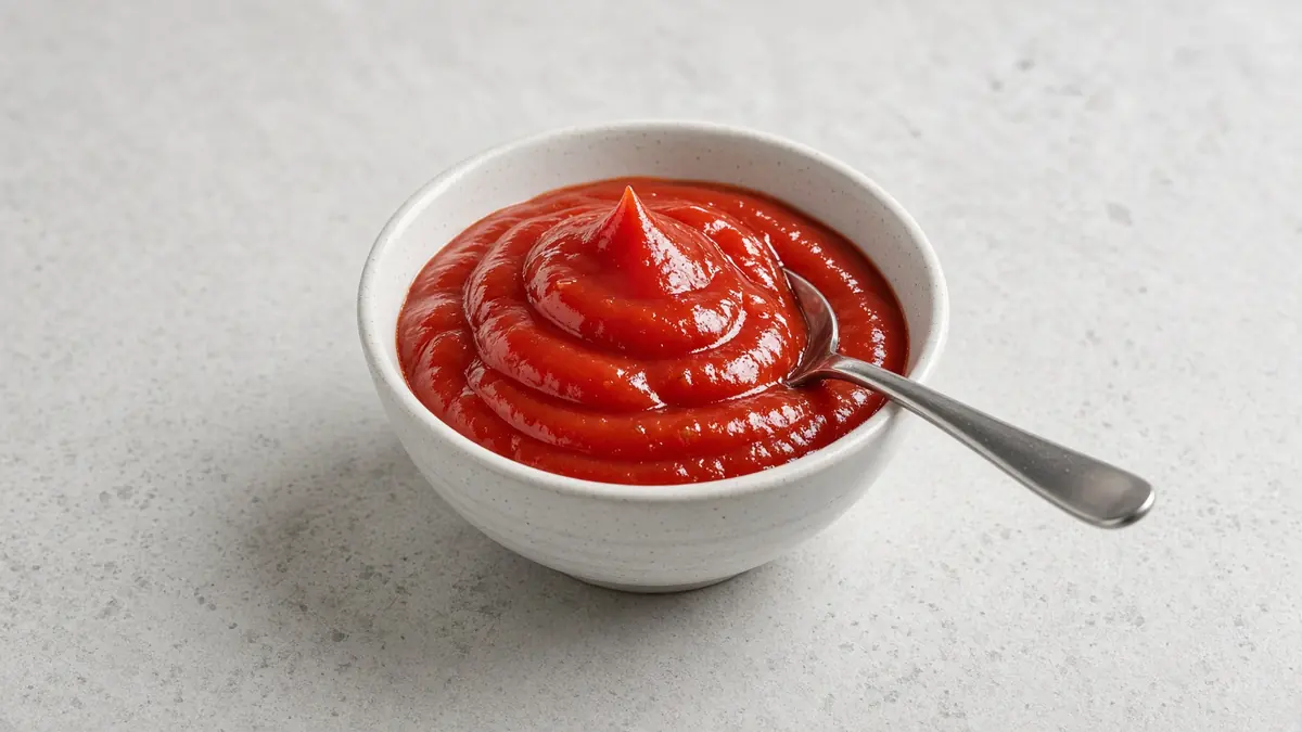 Un tazón de cerámica blanca contiene catsup roja y brillante con una cuchara de metal, sobre piedra gris clara.