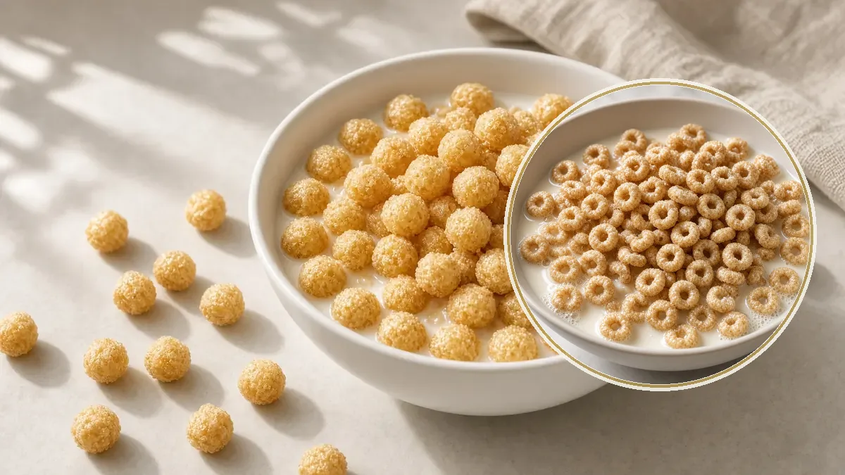 Tazón de cereal inflado dorado y azucarado con leche, y bolitas secas sobre la mesa.