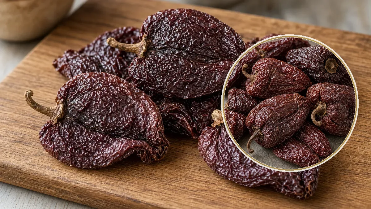 Varios chiles anchos secos, arrugados y de color vino, quedan sueltos sobre una tabla de encino.