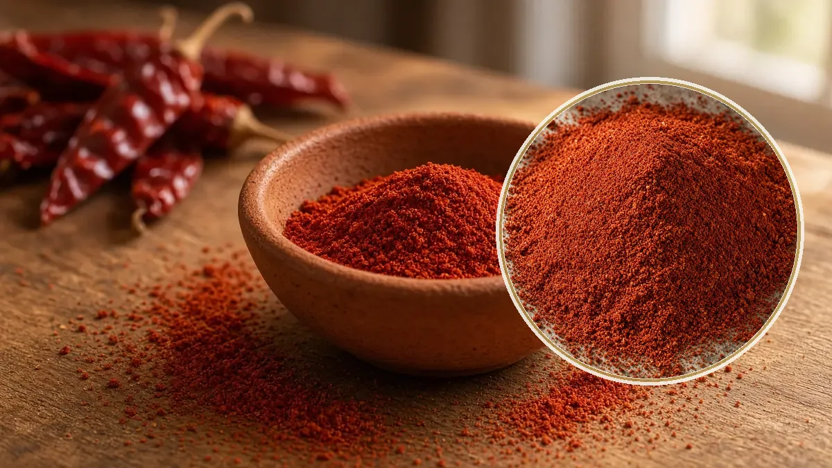 Cuenco de barro con chile en polvo rojo intenso, espolvoreado sobre una mesa de madera.