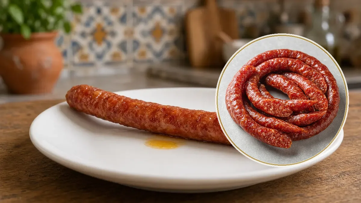 Un trozo de chistorra frita en un plato blanco