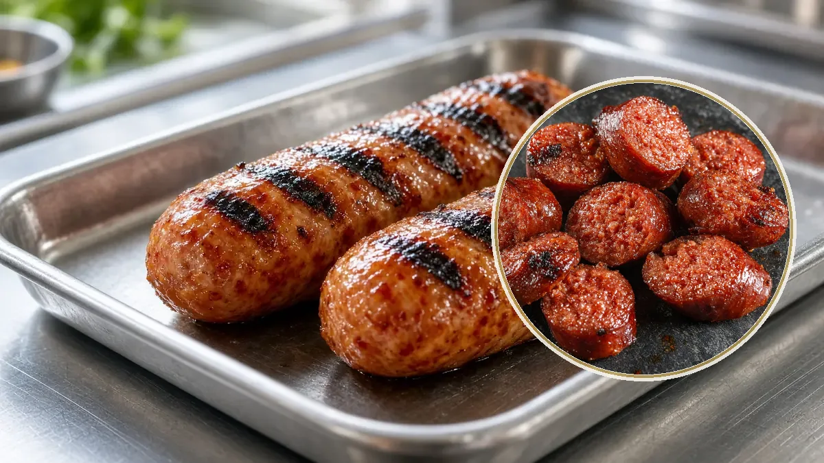Dos chorizos argentinos gruesos con marcas de parrilla, recostados en una charola de metal.