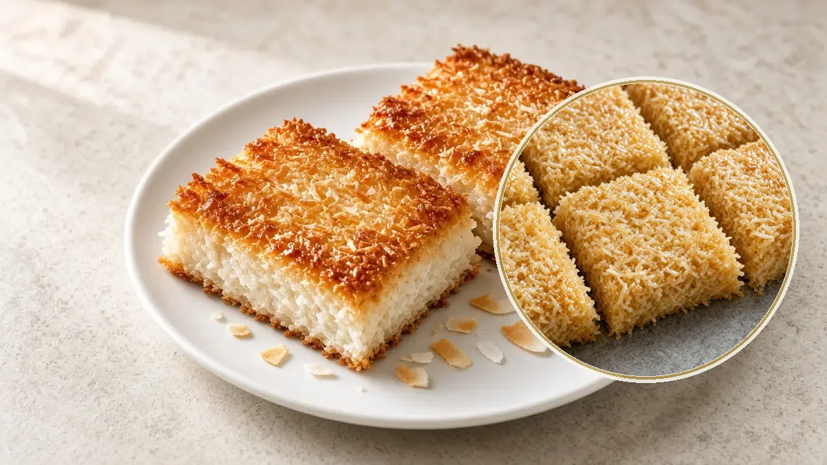 Cocadas doradas y horneadas con coco rallado visible, dos piezas en un plato blanco.