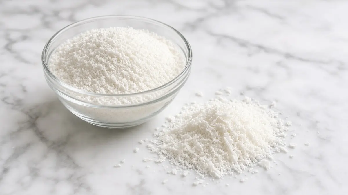 Tazón de vidrio con coco en polvo blanco y algunas hojuelas sueltas sobre mármol.