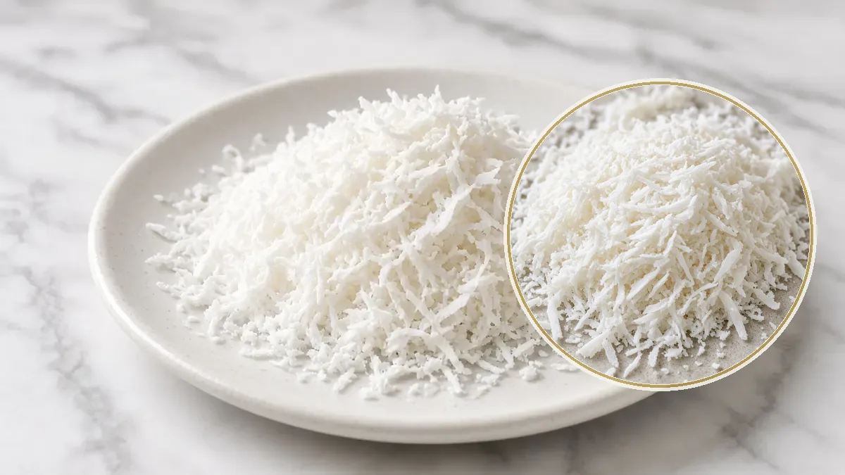Montón suelto de coco rallado blanco y fino en un plato de cerámica, sobre mármol claro.