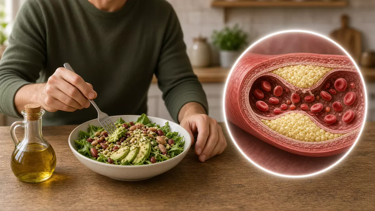 Persona comiendo ensalada con aguacate y frijol. En primer plano, un vaso sanguíneo con placa, ilustración educativa.