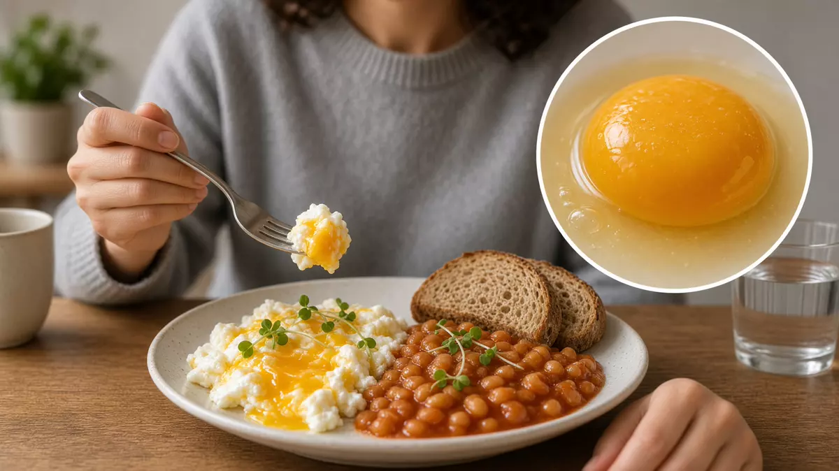 Huevos, soya y brócoli en plato blanco de cocina