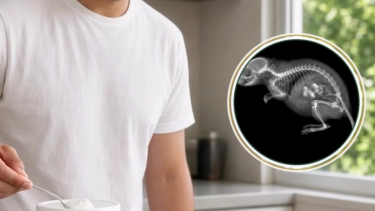 Hombre en cocina con un bote blanco de creatina y un vaso. En primer plano, un ratón en rayos X con un tumor, ilustración educativa.