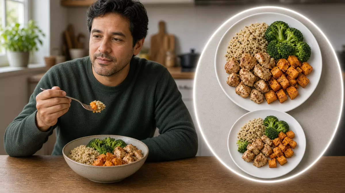 Persona comiendo un bowl medido, un plato grande con uno más pequeño.