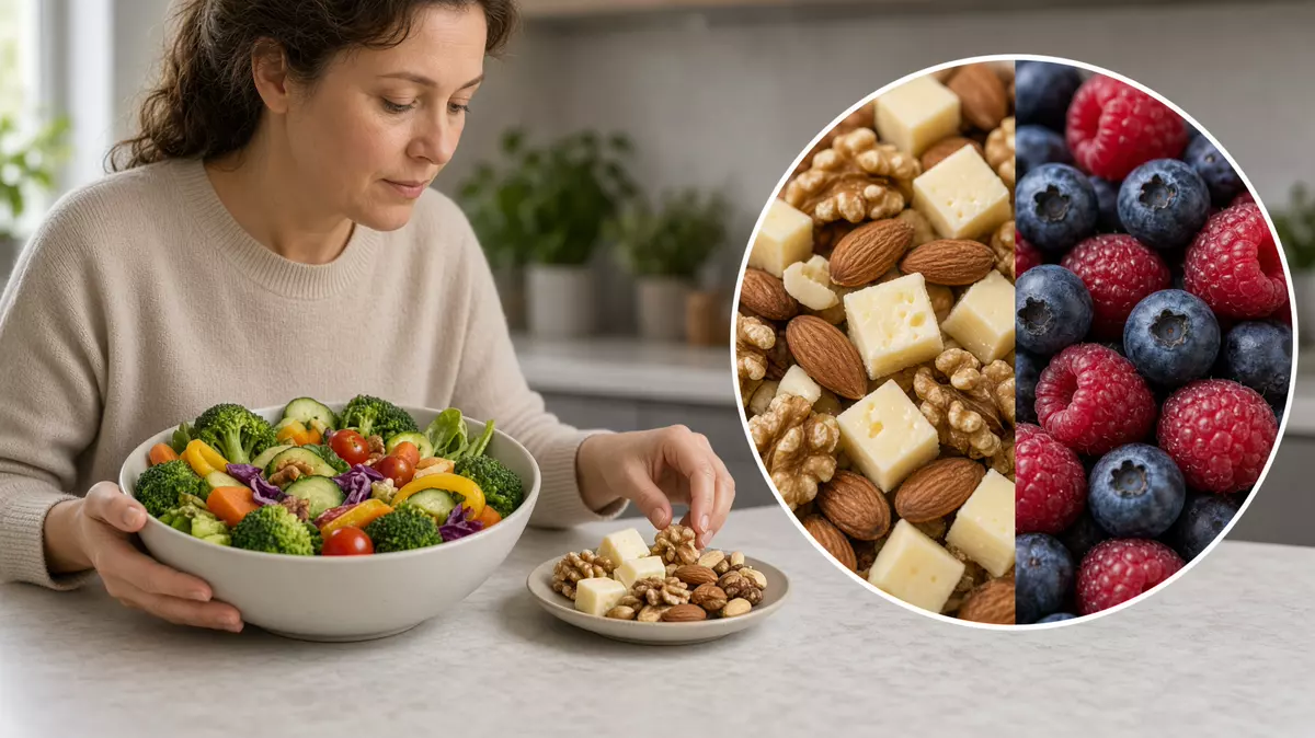 Persona compara verdura y un puñado de nueces. En primer plano, nueces y queso.