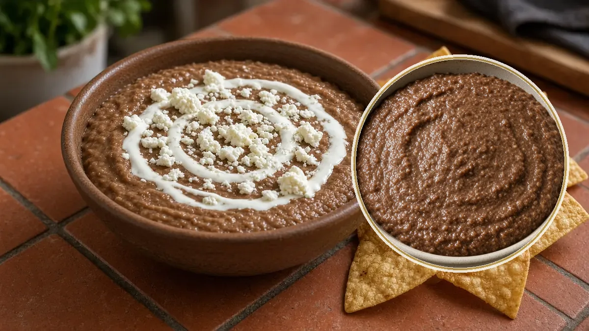 Tazón de dip de frijol con crema y queso desmoronado, y totopos al lado sobre azulejo.
