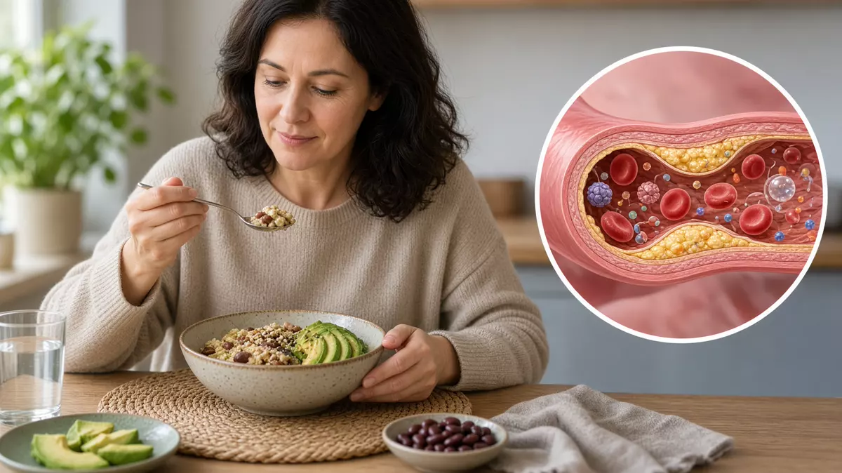 Persona comiendo avena, frijol y aguacate. En primer plano, lípidos en sangre, ilustración.