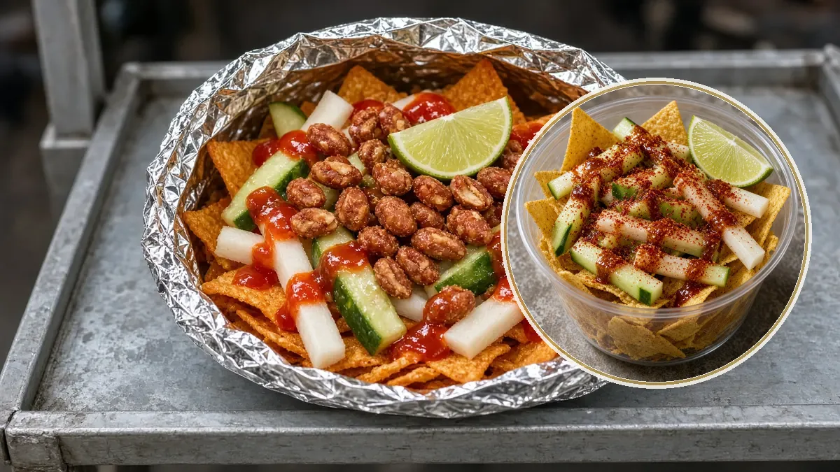 Bolsa abierta de totopos triangulares naranjas con jícama, pepino, cacahuate y chamoy.