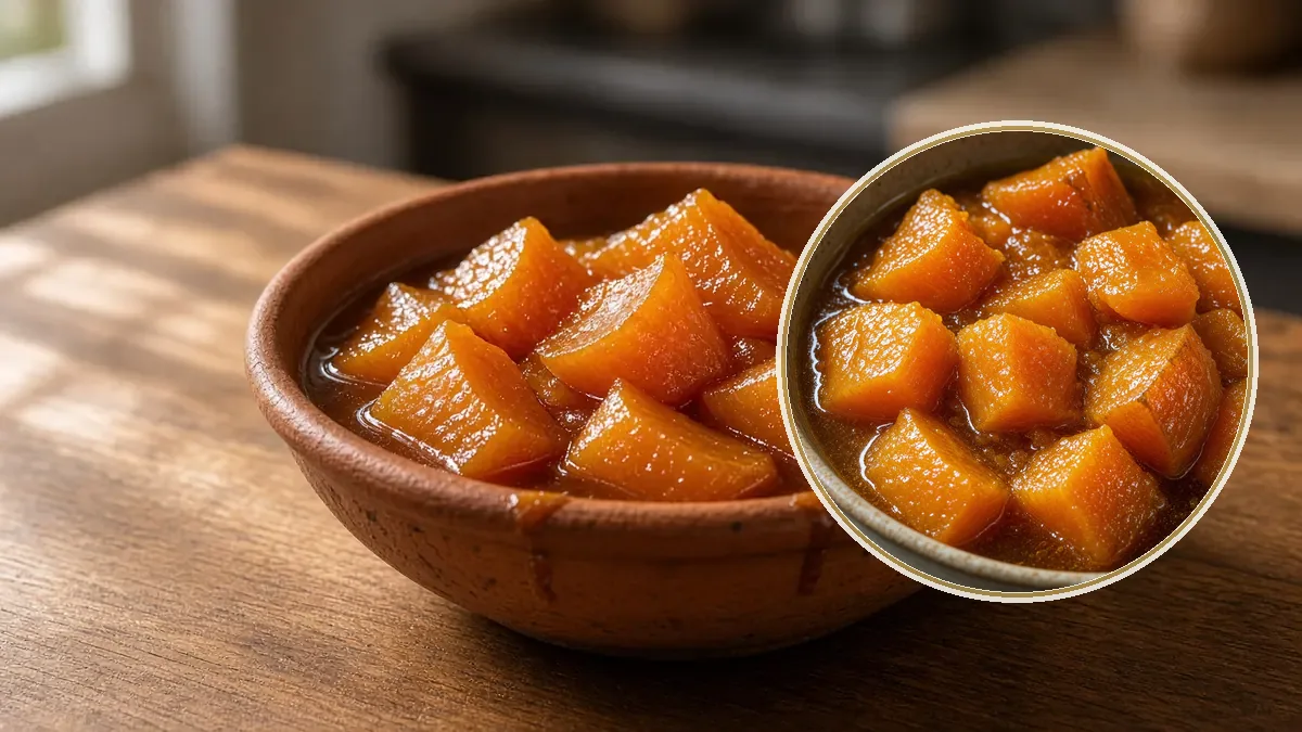 Trozos naranjas y brillantes de dulce de calabaza reposan en almíbar dentro de un tazón rústico de barro, sobre madera de encino.