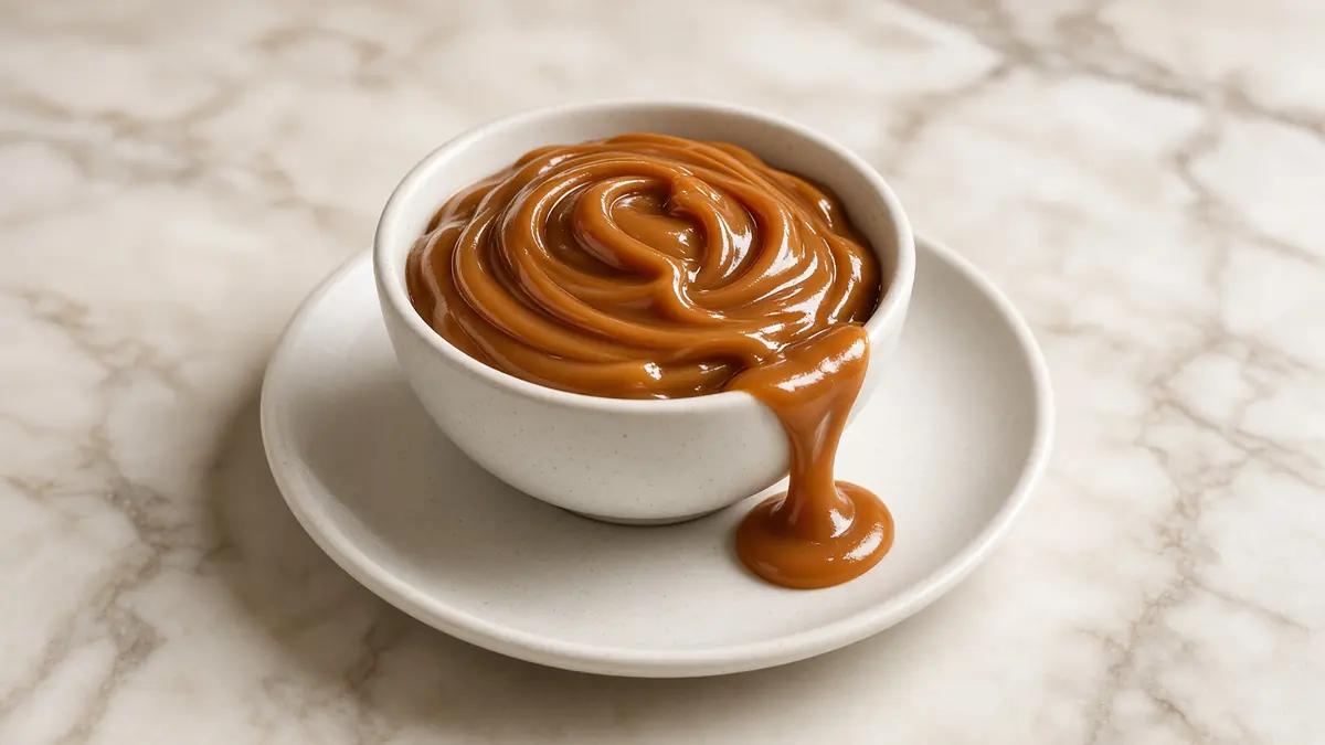 Dulce de leche brillante en un tazón blanco, con un hilo que escurre por el borde.