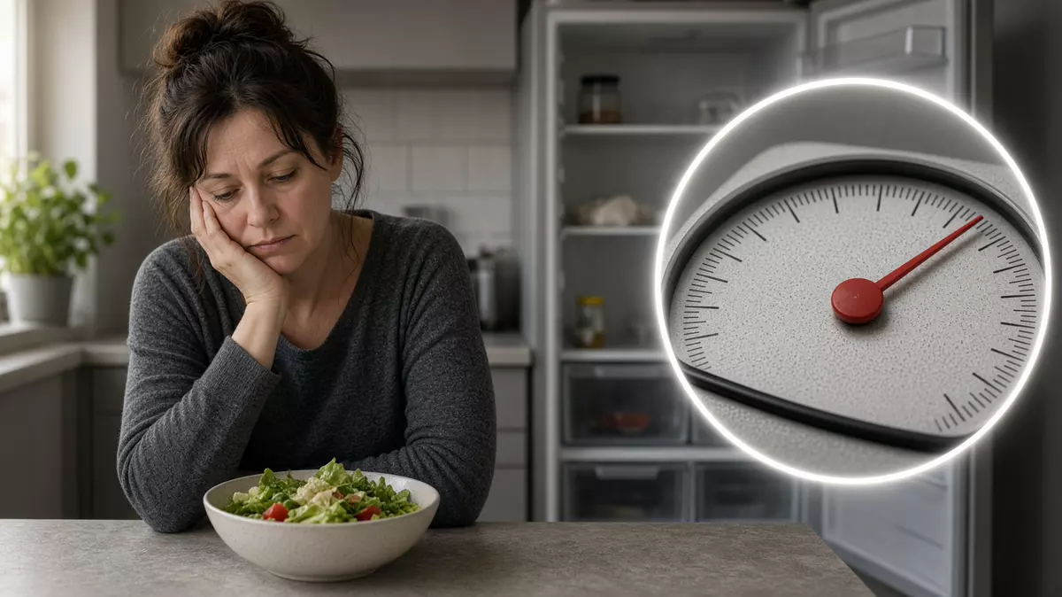 Persona frente a un plato muy pequeño. En primer plano, una báscula subiendo, el rebote de peso.