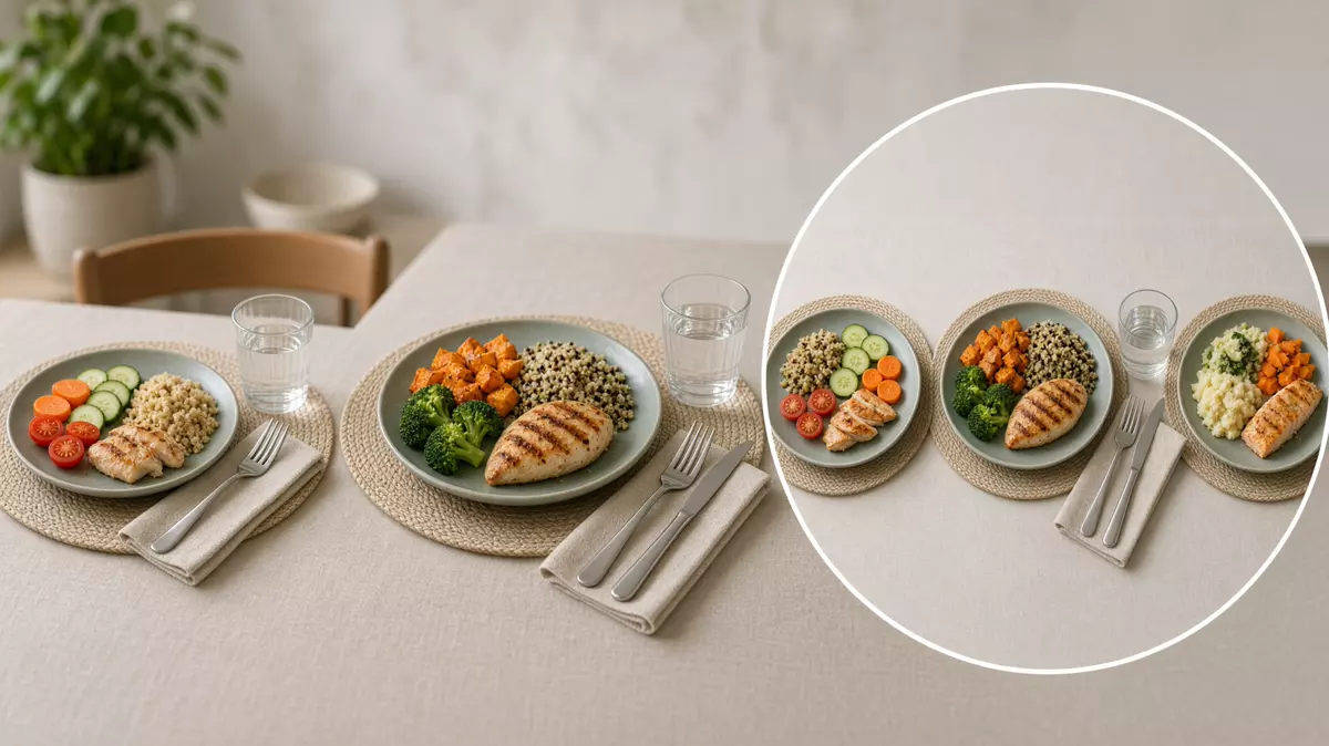 Tres platos de distinta etapa en una mesa. En primer plano, esos tres servicios.