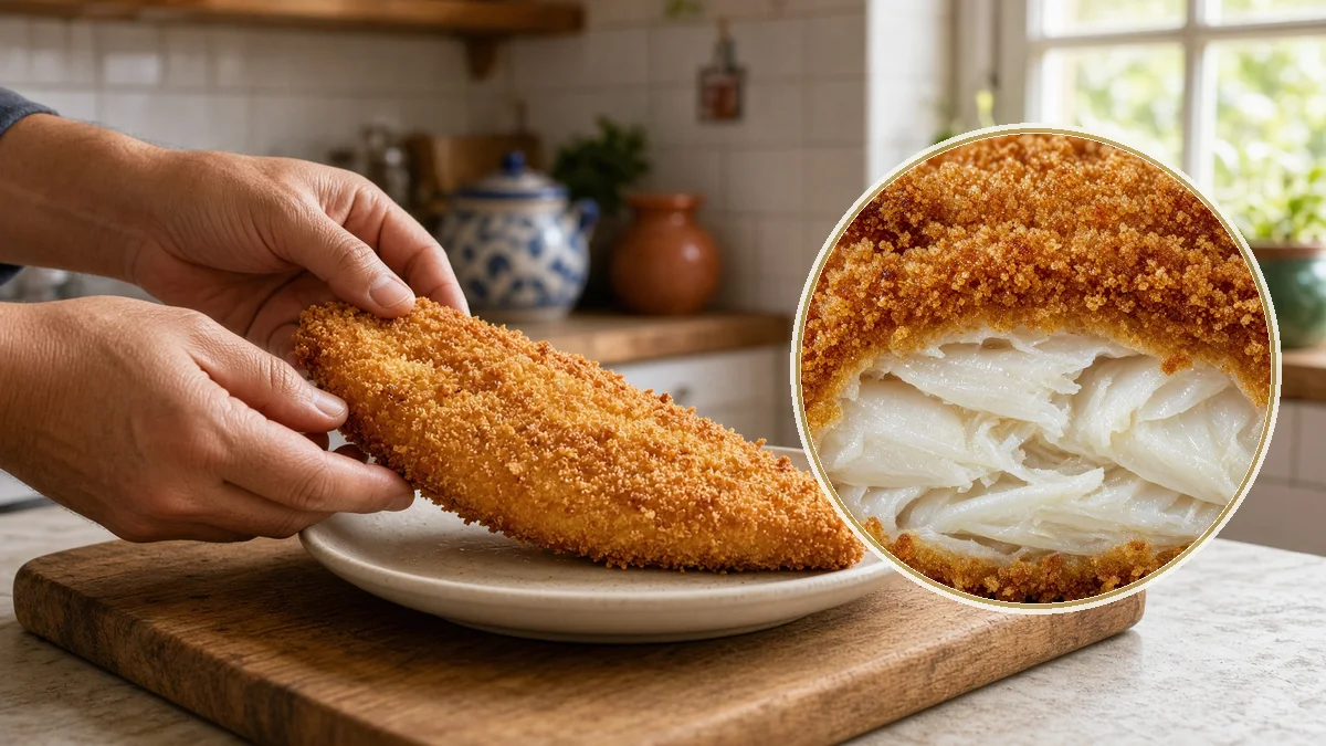 Filete empanizado en un contexto alimentario cotidiano