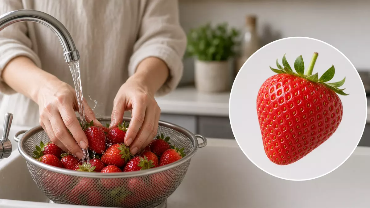 Persona lavando fresas. En primer plano, una fresa de cerca.