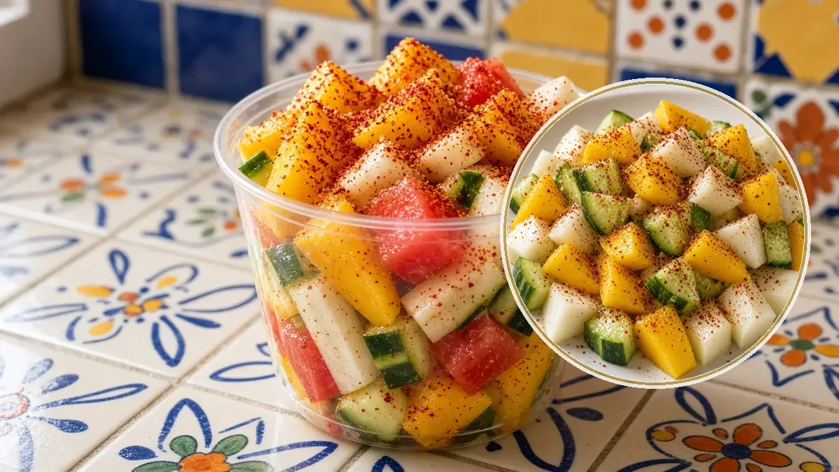 Vaso de mango, jícama, sandía y pepino espolvoreados con chile rojo sobre azulejo de cocina.