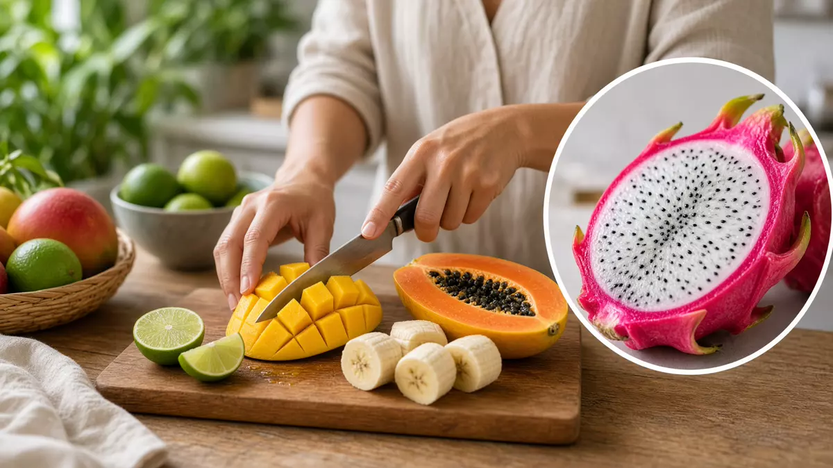 Persona cortando fruta tropical. En primer plano, la pitahaya abierta.